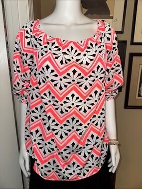 Charming Charlie Neon Coral, Black & White Off-Shoulder Chevron Floral Top